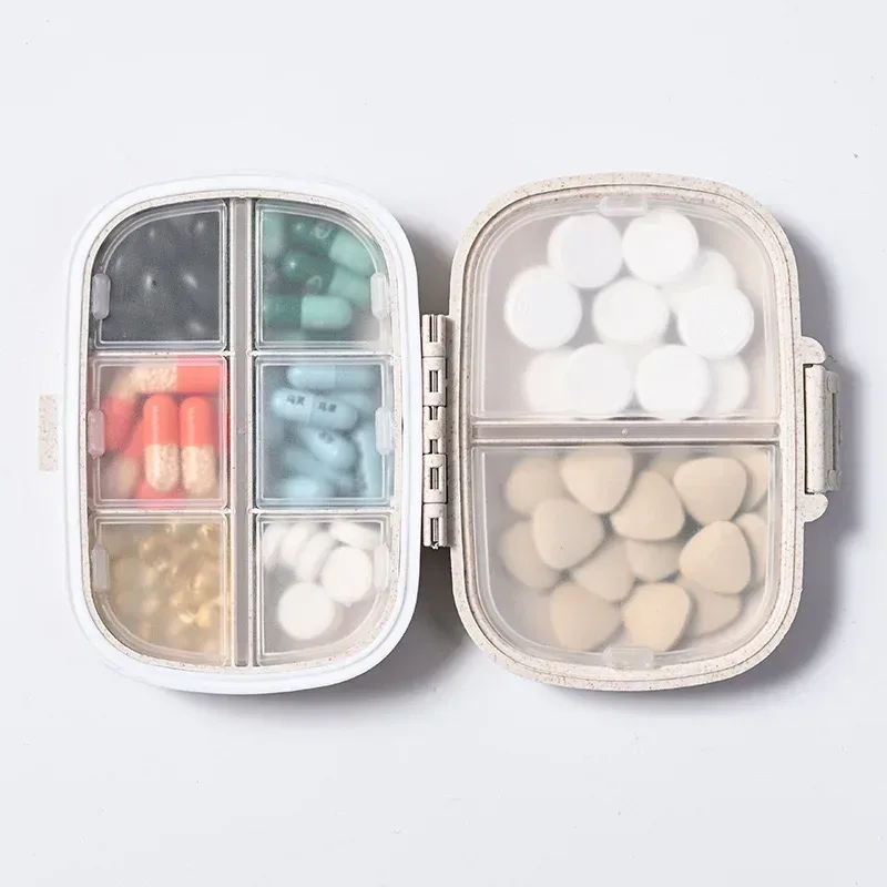 8-Gitter-Organizer-Behälter für Tabletten, Reise-Pillendose mit Dichtungsring, kleine Box für Tablets, Weizenstroh-Behälter für Medikamente