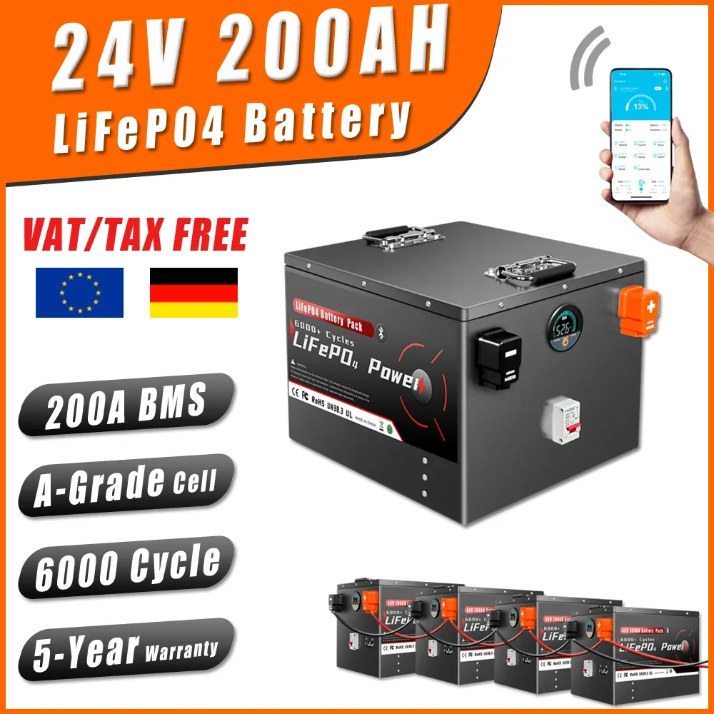 24V 100Ah 200Ah LiFePO4 Batteriepack mit Bluetooth BMS, Klasse A, 6000+ Deep-Cycle-Zyklen für Solar-Heimspeicher, Wohnmobile, Boote, Wechselrichter, PV
