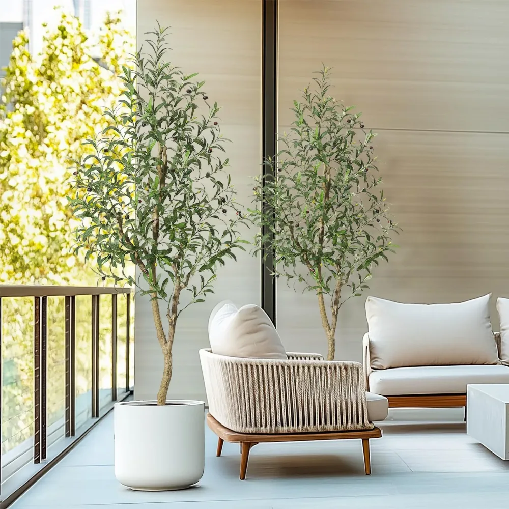 Lebensechter künstlicher Innenbaum - Künstlicher Olivenbaum mit Stamm, Seidenblättern und lebensechten Olivenfrüchten - Künstlicher Pflanzentopf - Dekoration für Zuhause, Büro und Wohnzimmer