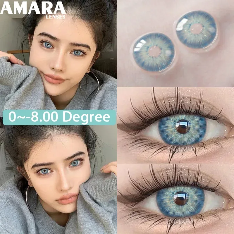 AMARA 1 Paar Myopie-Linsen, farbige Kontaktlinsen für Augen, Linsen mit Dioptrien, verschreibungspflichtige Mode-Linsen, blaue Augenlinsen