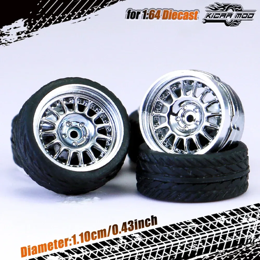 Kicarmod 1/64 Modellauto ABS-Räder mit Gummireifen, Nietenachse, Metallfelgen, Durchmesser 11mm, Umbauteile für Modellauto MINIGT