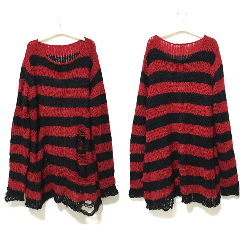 Neue Punk Gothic Lange Unisex Pullover Sommer Frauen Gestreiften Kühlen Aushöhlen Loch Gebrochen Jumper Lose Rock Dünne Dark Streetwear Top