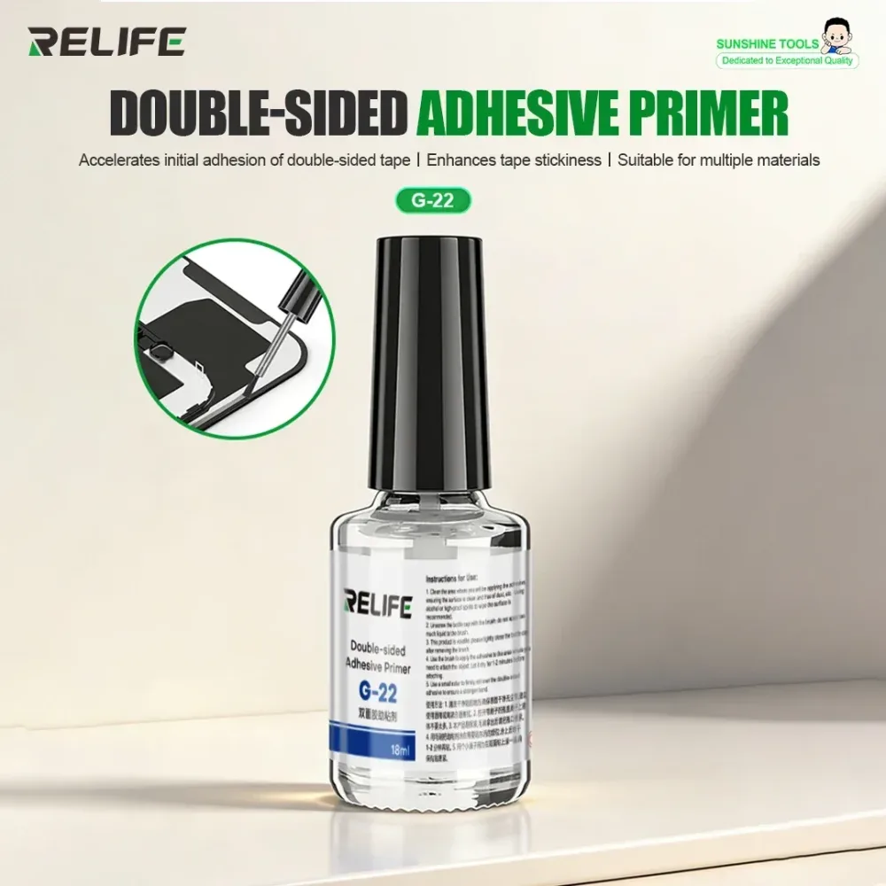 RELIFE G-22 18ml Doppelseitiger Klebstoff-Primer mit Eingebautem Pinsel und Gewindeanschluss für Handyrahmen, Auto, Kunststoff und Glasreparatur