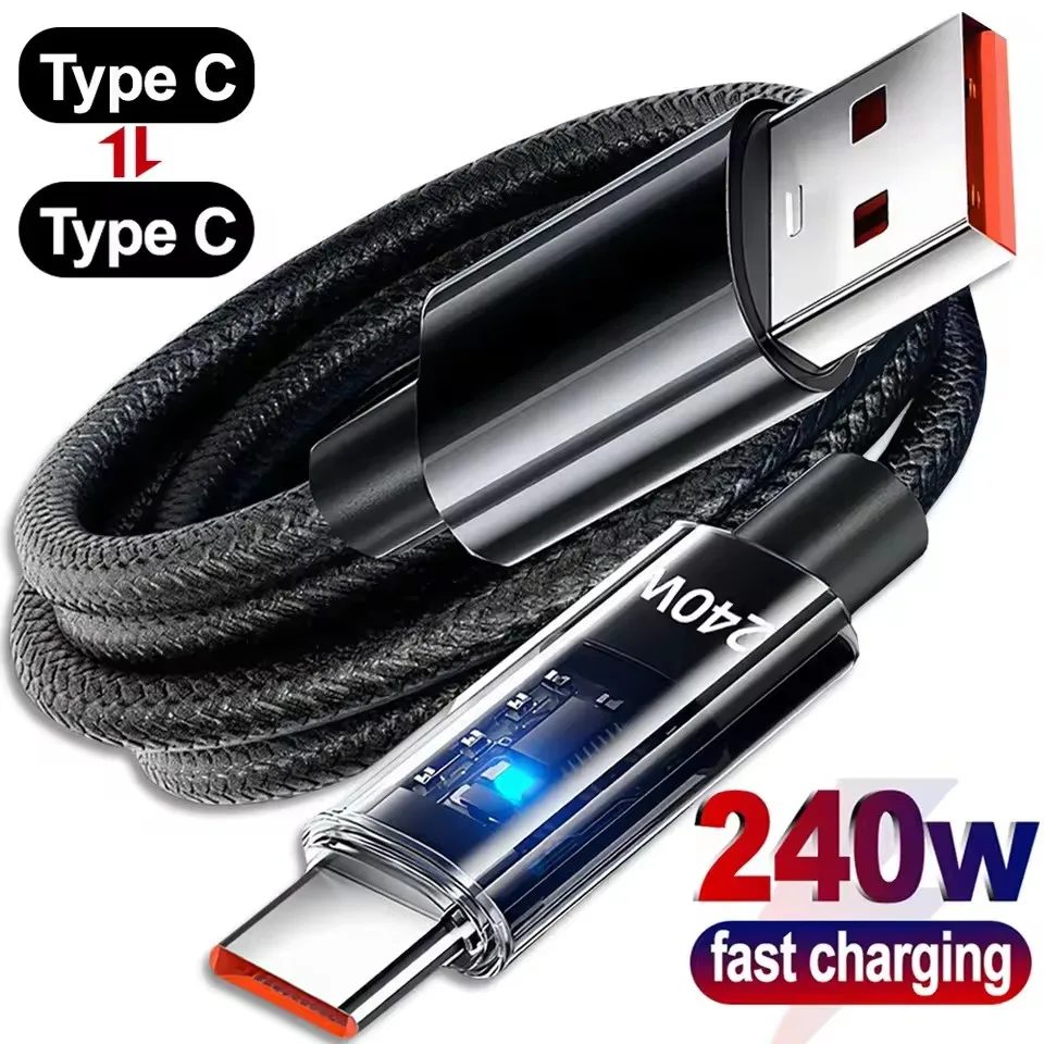 240 W Schnelllade-USB-Typ-C-Datenkabel Hochgeschwindigkeits-Datenübertragungskabel Digitalanzeige Nylon Typ C auf C-Kabel für iPhone Samsung