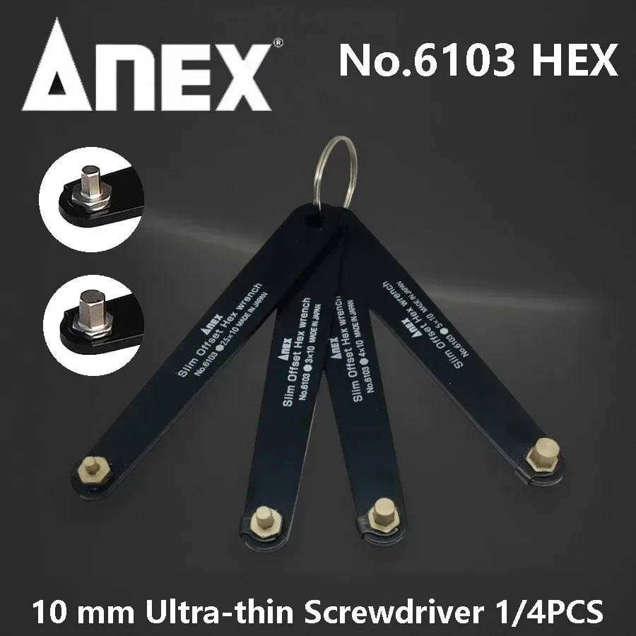 ANEX Slim Offset Sechskantschlüssel-Set 1/4-teilig 10mm für Enge Räume Sechskantschraubendreher Made in Japan Nr. 6103 Serie