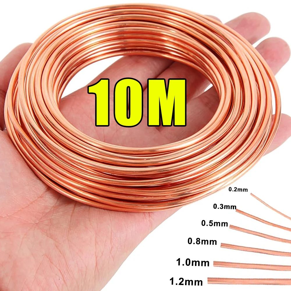 10 m T2-Draht aus reinem Kupfer, runde Spule, leitfähige Kabel aus blankem Kupfer für elektrische Leitungen, DIY-Bastelarbeiten, 0,3/0,5/0,8/1/1,2 mm