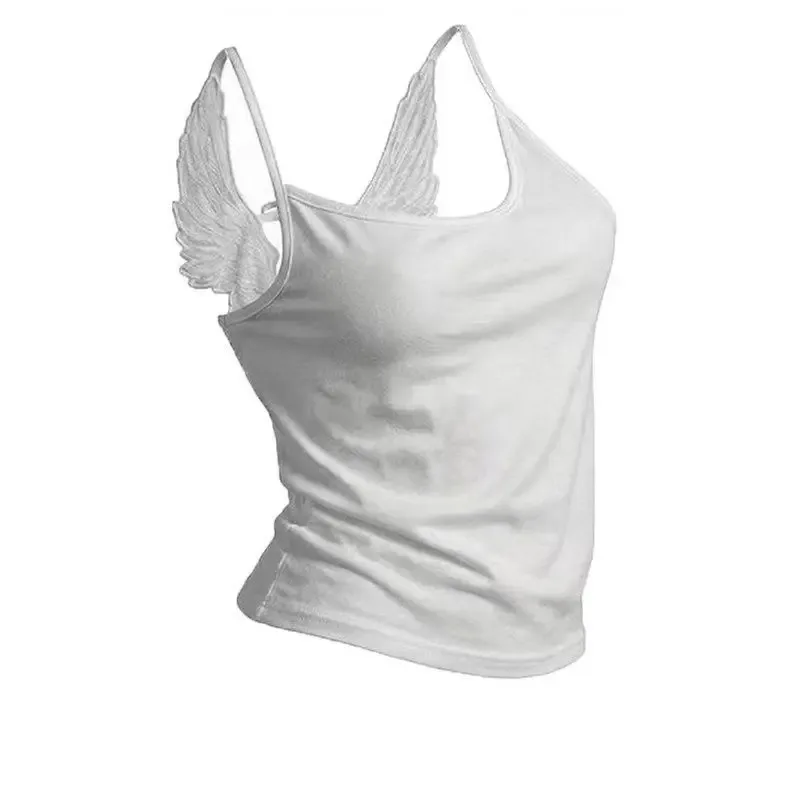 Engelsflügel-Weste mit 3D-Prägung, bestickte Flügel, Spaghettiträger-Weste, Y2K Gothic Mode für Damen, Sommer, sexy, schmal geschnittenes, rückenfreies kurzes Top