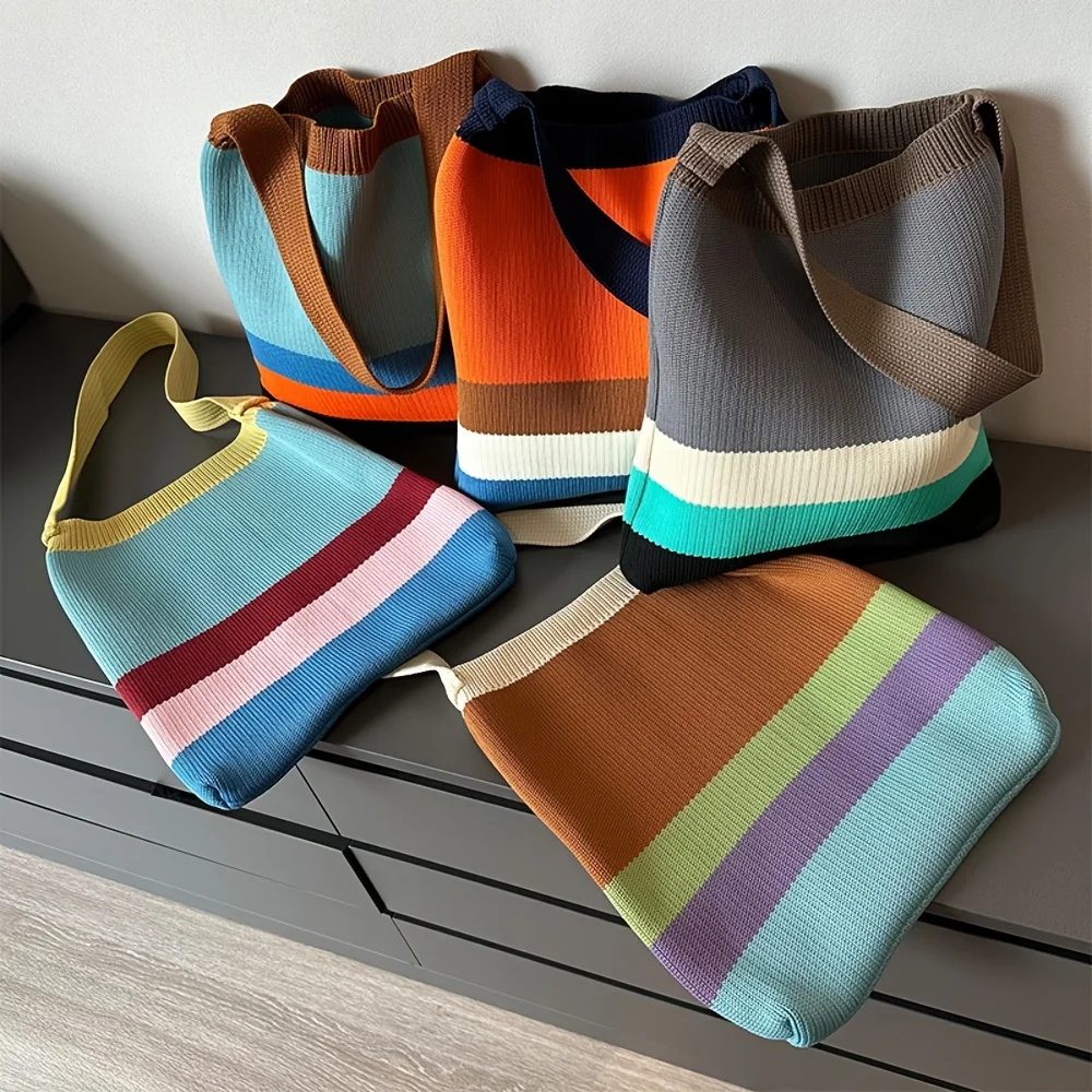 Neue regenbogenfarbene Stricktasche im koreanischen Stil, einfache und vielseitige gestreifte Handtasche, Schultertasche, große Kapazität, Damentasche