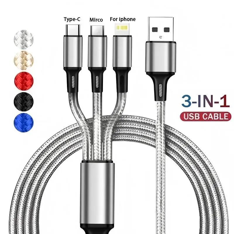 3-in-1 USB-Ladekabel 1,2 m, Typ C, Micro-USB, iOS, Multi-Ladekabel für iPhone, Huawei, Samsung, Nylon-Geflecht