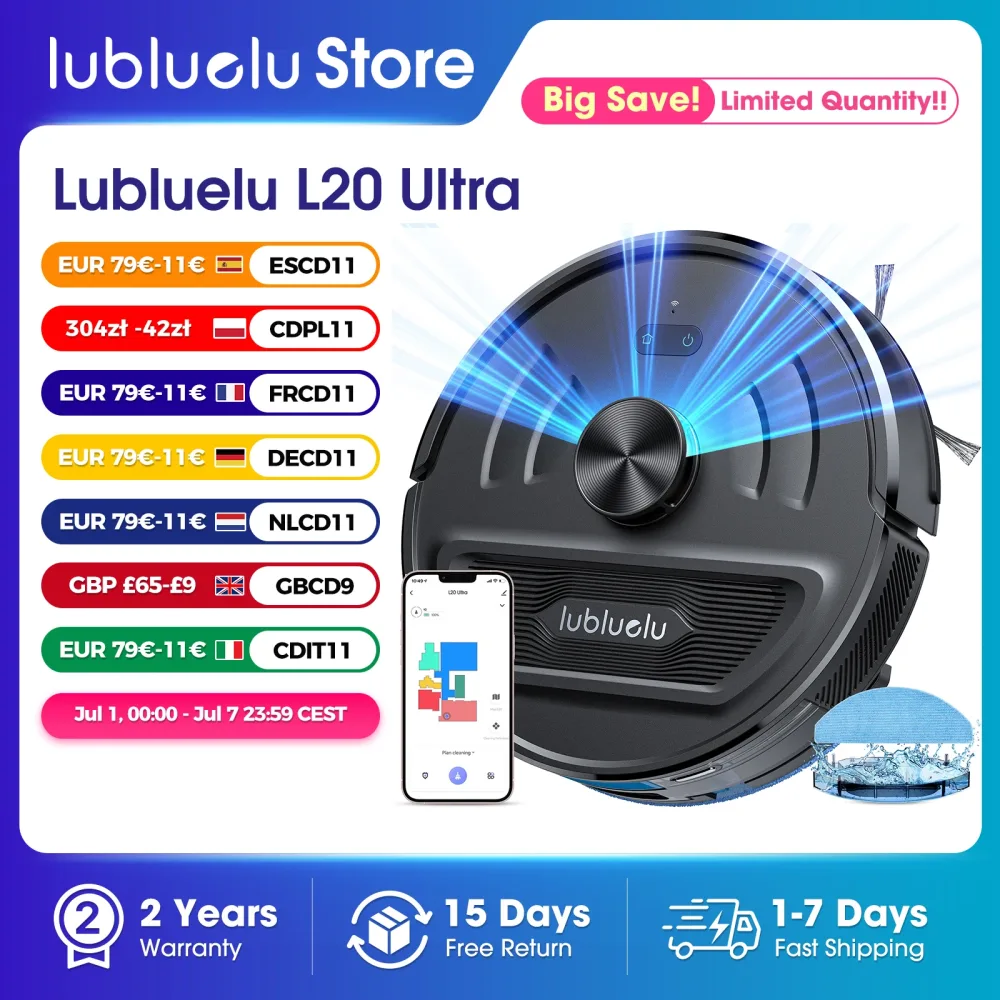 Lubluelu L20 Ultra Roboter-Staubsauger, 6000 Pa Saugleistung für Tierhaare/Teppiche, LiDAR-Navigation, selbstaufladend, 120 Min., 34 Keine Zonen