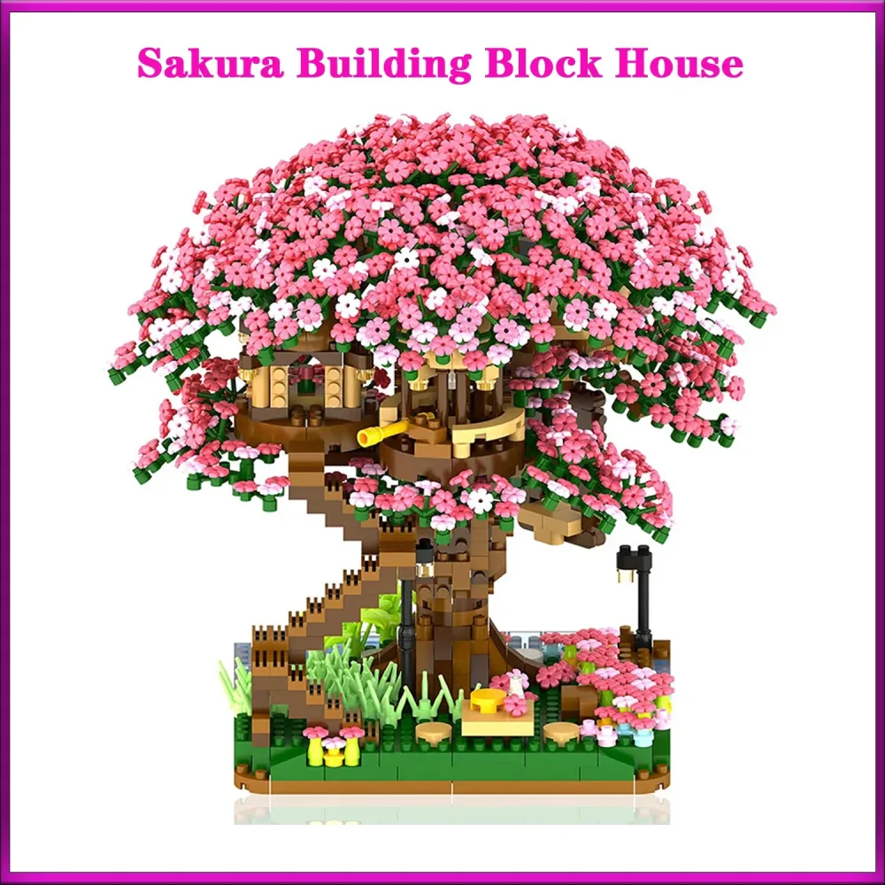 Mini Sakura Baum Bausteine Set Diy Kirschblüte Ziegel mit Licht Baumhaus Modell Ornament Modell Bricks Sets Kind Geschenk