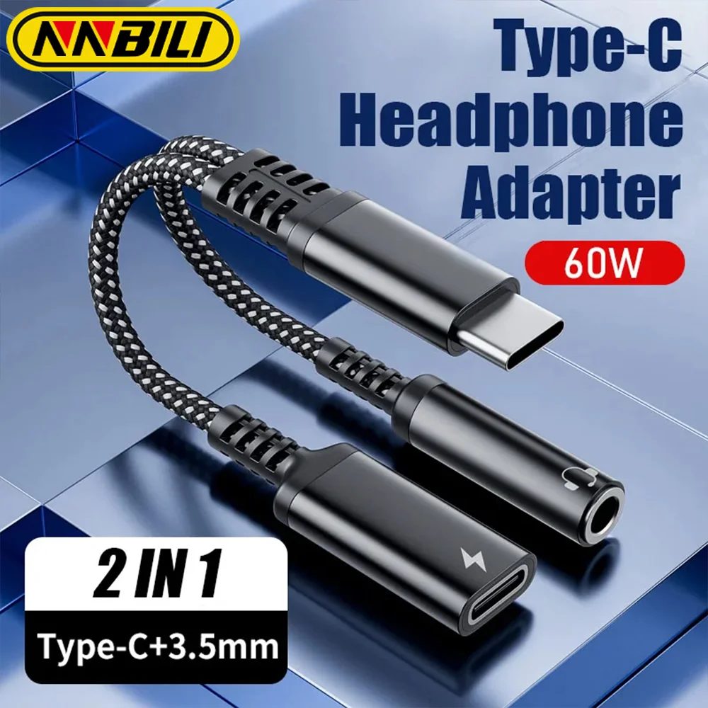 NNBILI 2-in-1 USB Typ-C zu 3,5mm Kopfhörer-Audio-Aux-Adapter PD 60W Schnellladekabel für iPhone 15 Samsung Xiaomi