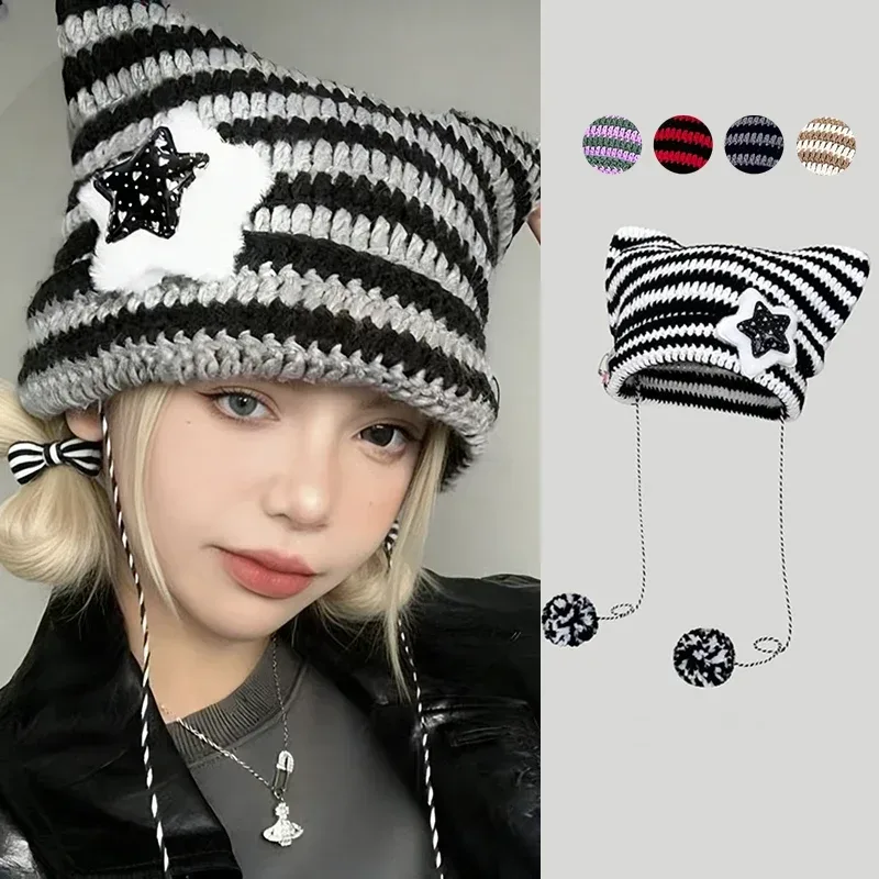 Y2K Nette Katze Ohren Beanie Hut Winter Gestreiften Koreanische Punk Gothic Wolle Gestrickte Streetwear Häkeln Eimer Kappe
