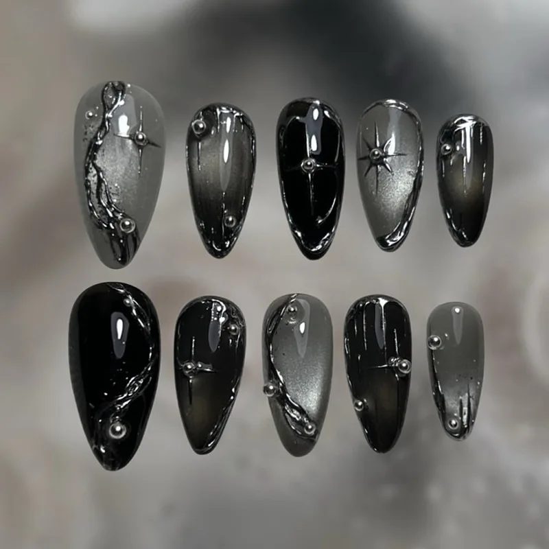 24 Stück schwarze Y2k lange künstliche Nägel mit Mandelkopf-Design, Katzenauge, silbernes Streifenmuster, zum Aufdrücken von künstlichen Nägeln, tragbare Nagelspitzen