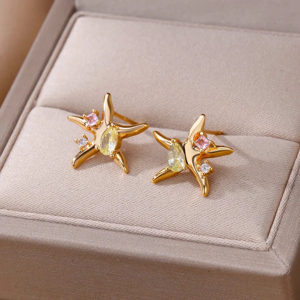 Zirkon Stern Seestern Stud Ohrringe Für Frauen Edelstahl Gold Farbe Aussage Seestern Ohrring Femme Weihnachten Schmuck Geschenk