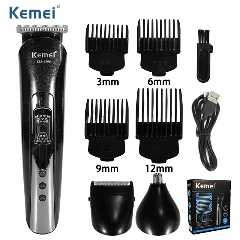 Kemei KM-1506 3-in-1 elektrischer Haarschneider, USB-Laderasierer, wiederaufladbarer Nasenhaarschneider, professionelle Rasiermaschine