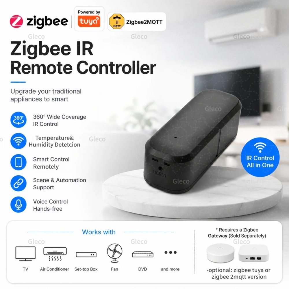 Zigbee IR-Fernbedienung, Temperatur- und Feuchtigkeitssensor, universeller Infrarot-Controller für TV, DVD, AUD, AC, 2MQTT, TUYA Smart Life Hub