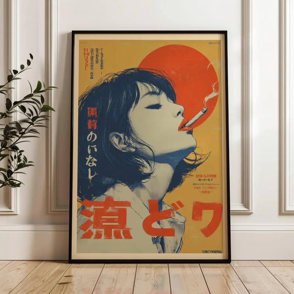 Retro-Leinwand-Kunstdruck mit japanischer Frau, die raucht, rahmenloses Vintage-Indie-Leinwandposter für die Dekoration des Wohnzimmers, Geschenk für Frauen