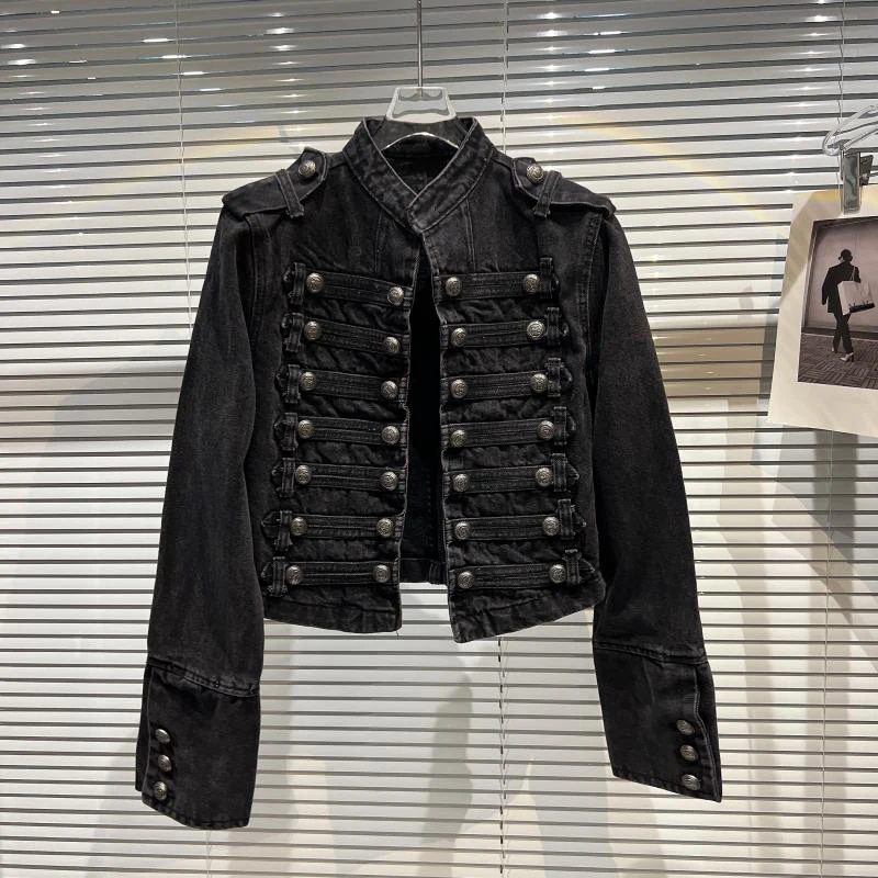 Punk-Stil, schwarze Stehkragen-Jeansjacken, Vintage-Stil, gewaschener Motormantel für Frauen, 2025, Herbst, neue lose Langarm-Oberbekleidung