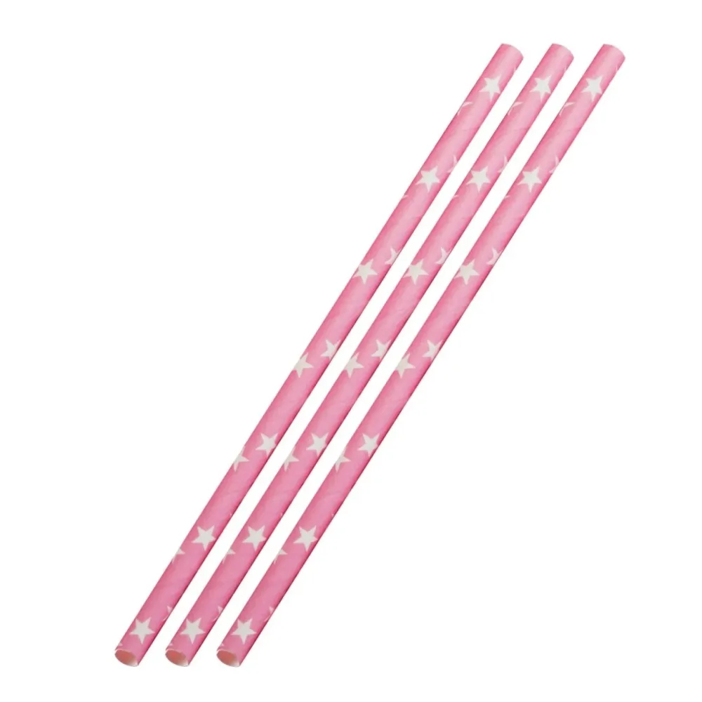 50 Papier-Trinkhalme, rosa mit weissen Sternen, 19,7cm ,50sb