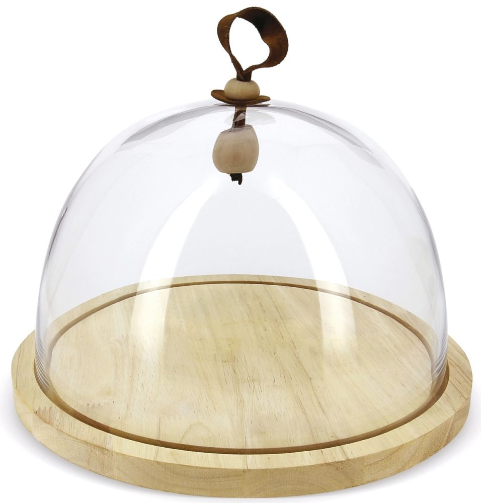 Holzplatte mit Glasglocke, H:25cm, Ø30.5cm, klar