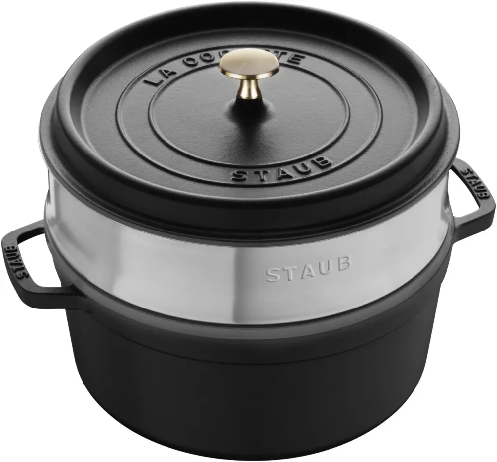 Cocotte mit Dämpfeinsatz 24cm, rund, schwarz, Gusseisen