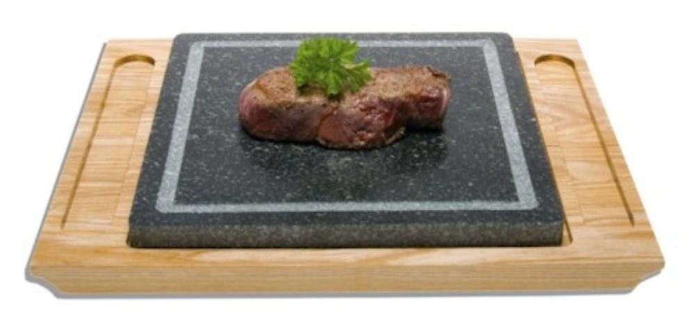 Specksteinteller mit Holzunterteller, 34x28cm