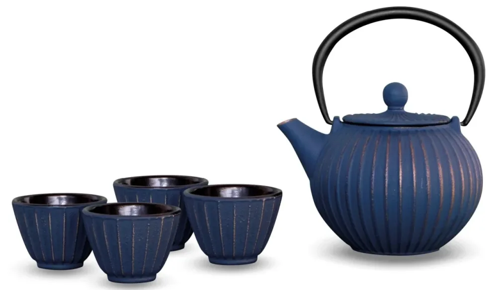 Teekannenset mit 4 Bechern, 500ml, Gusseisen, Blau