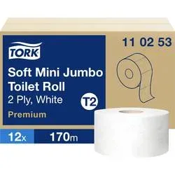 Tork weiches Mini Jumbo Toilettenpapier Weiss T2, Premium, 2-lagig, 12 × 170 m, 110253