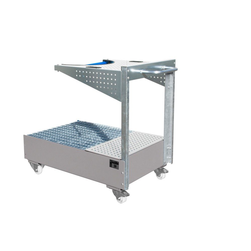 kaiserkraft Fahrbare Auffangwanne mit Lochplattenkonsole, für 1 x 200-l-Fass, LxBxH 1450 x 800 x 1195 mm, lackiert mausgrau, ab 2 Stk