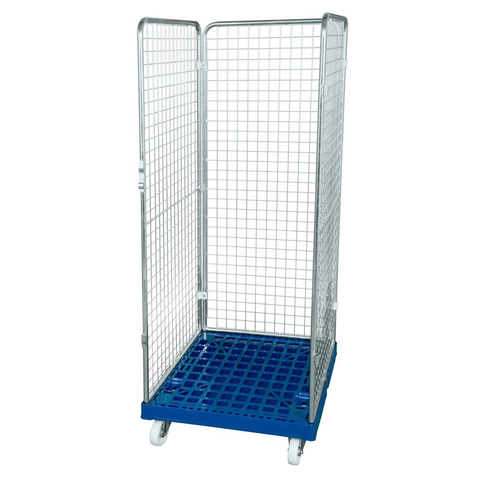 Rollbehälter Classic, 3-seitig, feinmaschig, blau verzinkt, Kunststoff-Rollplatte, HxBxT 1.800 x 724 x 815 mm, feuerrot