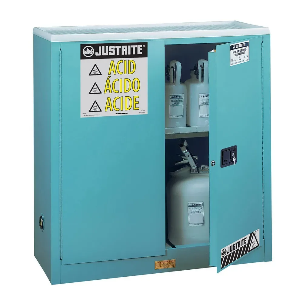 Justrite FM-Chemikalienschrank Classic Sure-Grip® EX, für Ätzmittel, bis 114 Liter, manuell schliessende Türen, blau