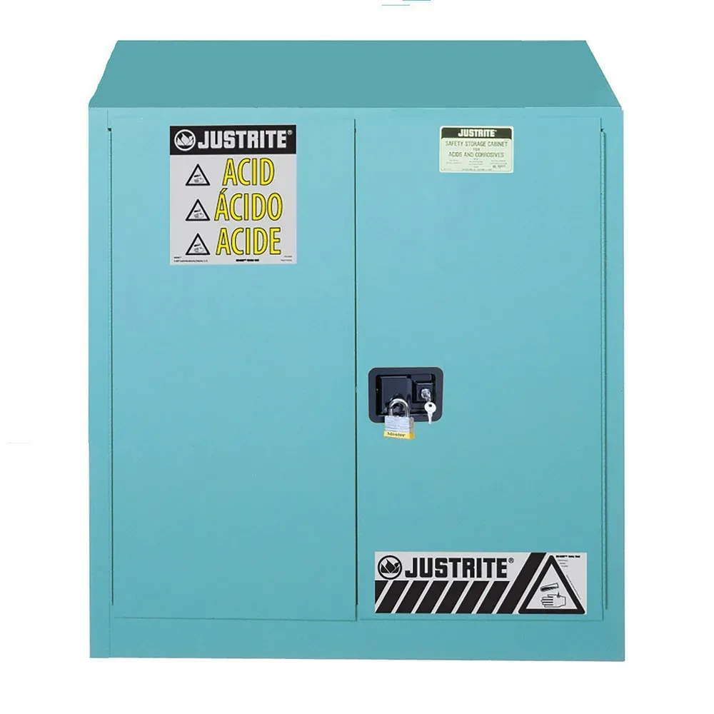 Justrite FM-Chemikalienschrank Classic Sure-Grip® EX, für Ätzmittel, bis 114 Liter, selbstschliessende Türen, blau