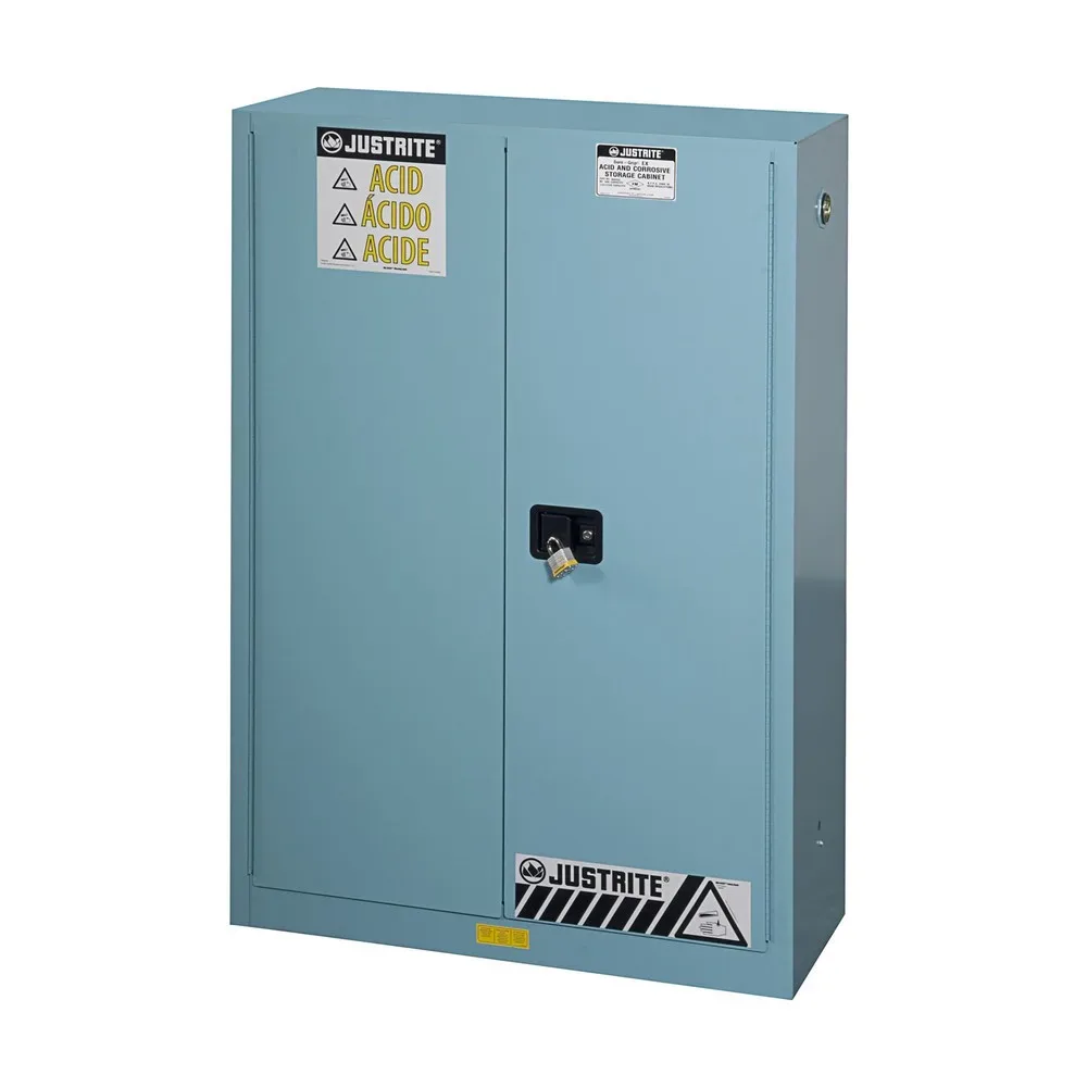 Justrite FM-Chemikalienschrank Classic Sure-Grip® EX, für Ätzmittel, bis 170 Liter, manuell schliessende Türen, blau