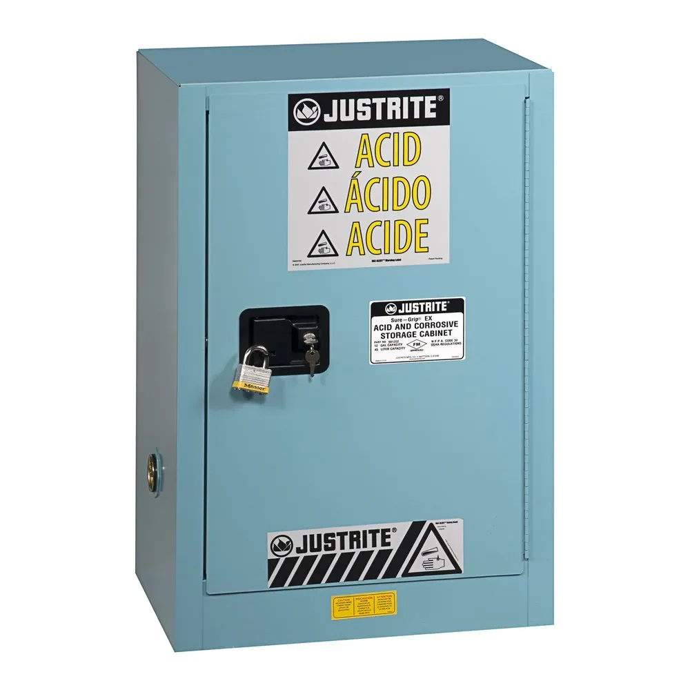 Justrite FM-Chemikalienschrank Compac Sure-Grip® EX, für Ätzmittel, bis 45 Liter, manuell schliessende Türen, blau