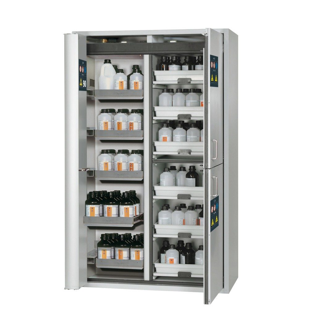 asecos® Kombi-Schrank K-PHOENIX-90, HxBxT 1.969 x 1.197 x 617 mm, Edelstahl: 6x Auszugswanne, 1x Bodenauffangwanne, 6x Tablarauszug mit PP-Wanne