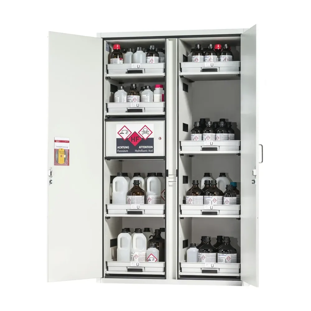asecos® Säuren- u. Chemikalienschrank CLASSIC, HxBxT 1.965 x 1.197 x 603 mm, 8x Tablarauszug mit PP-Wanne, 1x Einbaufach mit PE-Wanne, lichtgrau