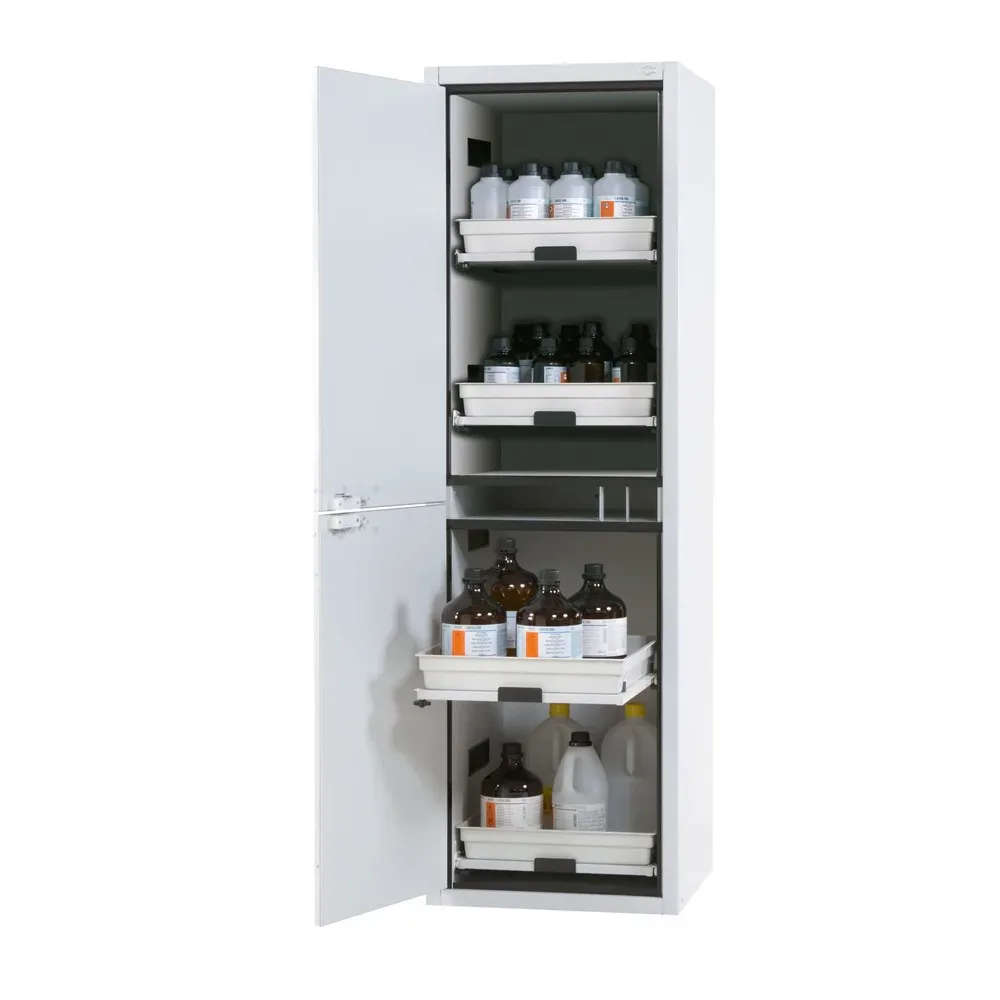 asecos® Säuren- u. Chemikalienschrank CLASSIC, HxBxT 1.965 x 597 x 603 mm, 4x Tablarauszug mit PP-Wanne, lichtgrau