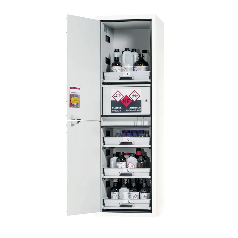 asecos® Säuren- u. Chemikalienschrank CLASSIC, HxBxT 1.965 x 597 x 603 mm, 4x Tablarauszug mit PP-Wanne, 1x Einbaufach mit PE-Wanne, laborweiss