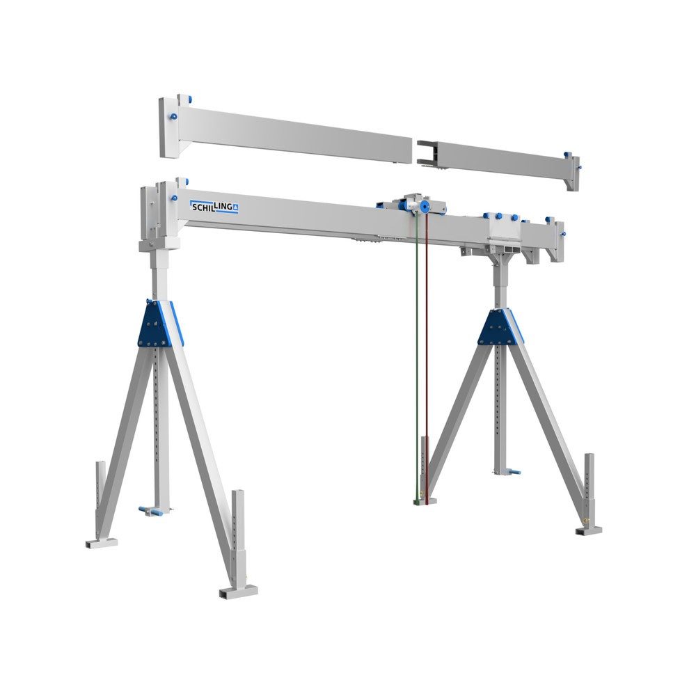 SCHILLING Alu-Portalkran mit teilbarem Doppelträger, Einhängepunkt 2787-4337 mm, Länge 8000 mm, TK 2000 kg