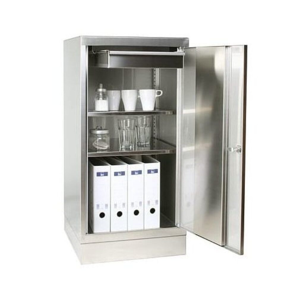 Reinsch Beistellschrank aus Edelstahl, 2-flügelig, 2 Fachböden, 2 Schubladen, HxBxT 1.050 x 1.000 x 500 mm, Sockel
