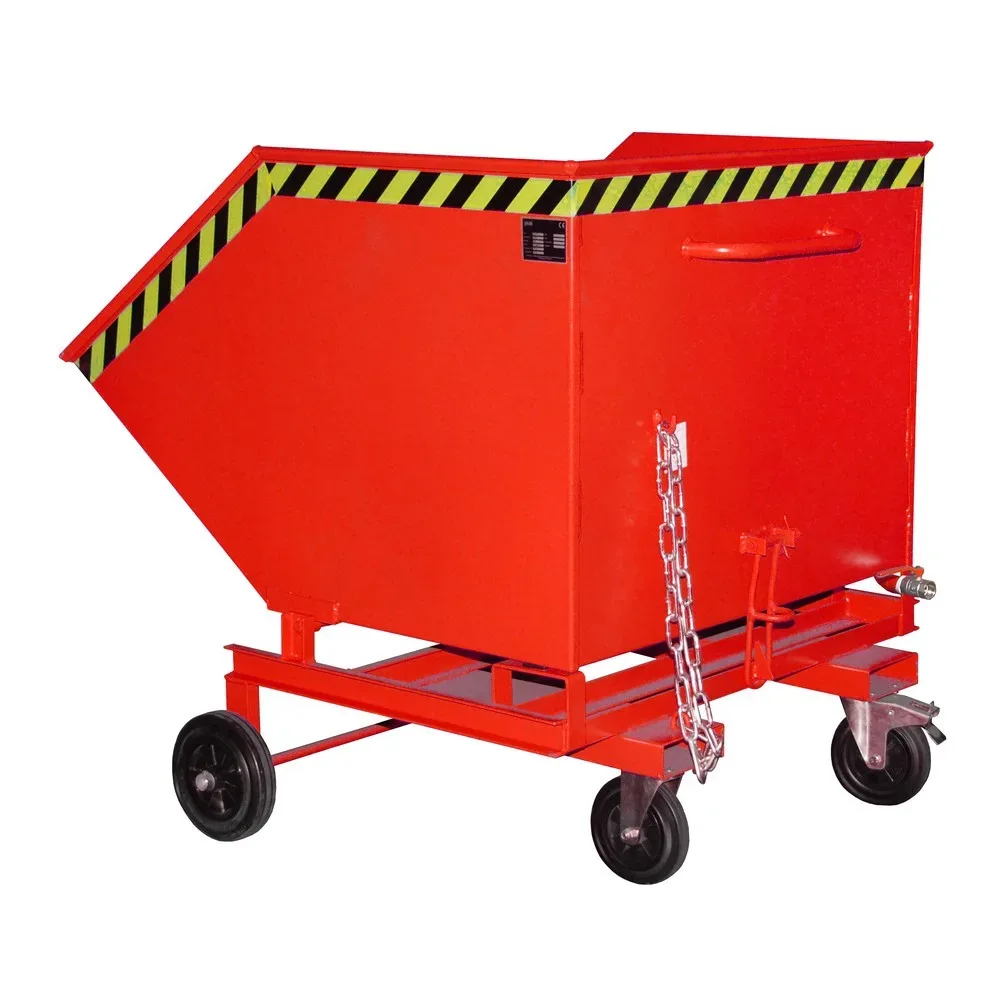 Späne-Kippbehälter Bauer SKW-ET 1000, Stahl, rot, B 1420 x T 1340 x H 1290 mm, 1000 l, bis 300 kg, Rollen, manuelles Kippen, mit Einfahrttaschen