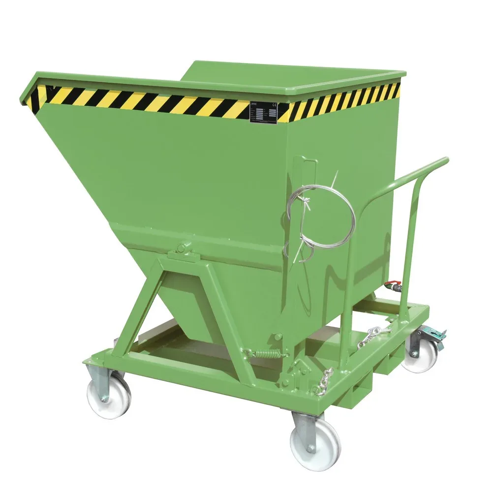 Späne-Kippmulde Bauer SKS 700, Stahl, rot, B 1345 x T 1200 x H 1275 mm, 700 l, bis 1000 kg, Rollen, Ablasshahn, Manuelle Kippvorrichtung