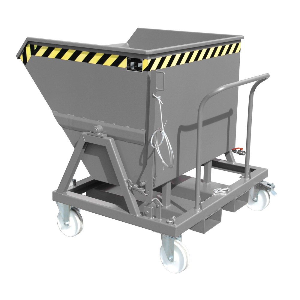 Späne-Kippmulde Bauer SKS 550, Stahl, grau, B 1250 x T 1200 x H 1170 mm, 550 l, bis 1000 kg, Rollen, Ablasshahn, Manuelle Kippvorrichtung