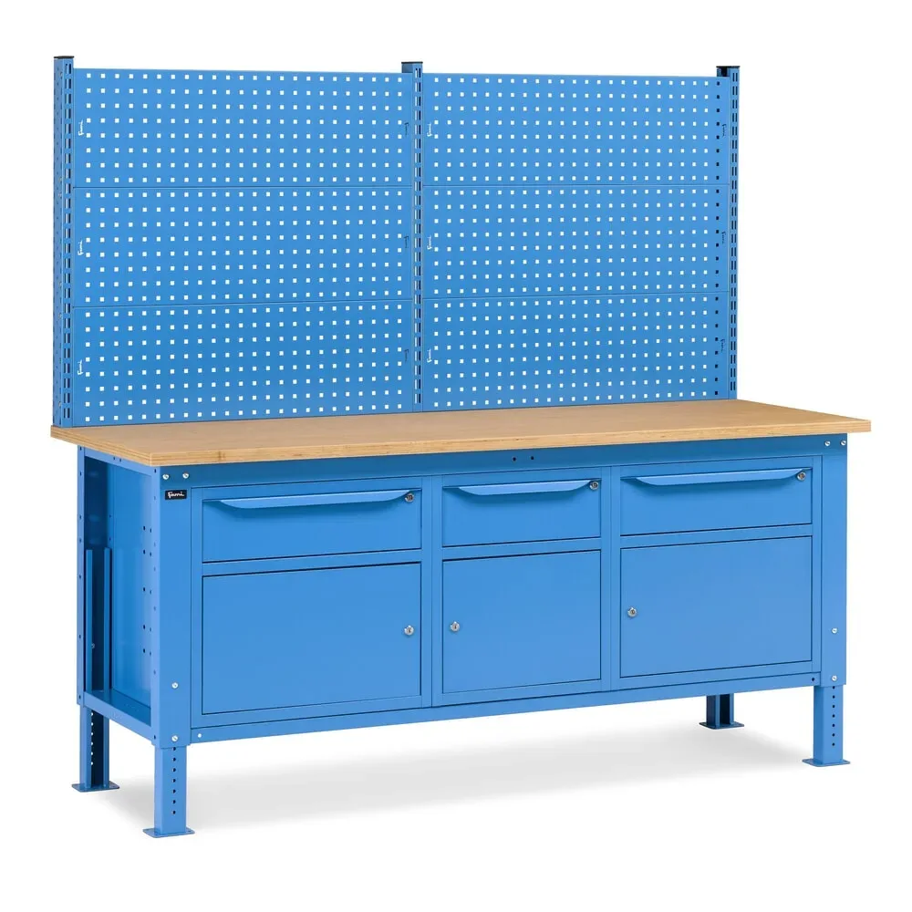Fami Werkbank, höhenverstellbar, mit Multifunktionswand, 3 Schubladen u. 3 Schränke, TK 1.000 kg, HxBxT 740-1.110 x 2.000 x 750 mm, RAL 5012 lichtblau