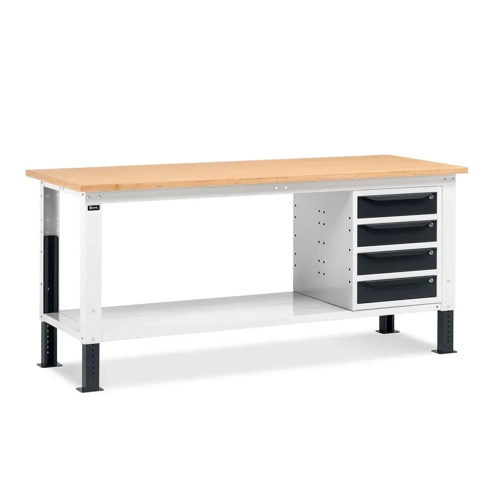 Fami Werkbank, höhenverstellbar u. 4 Schubladen, TK 1.000 kg, HxBxT 740-1.110 x 2.000 x 750 mm, RAL 7035 lichtgrau / RAL 7016 anthrazitgrau