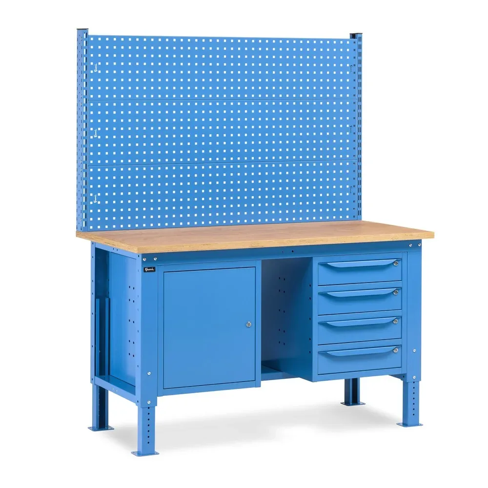 Fami Werkbank, höhenverstellbar, mit Multifunktionswand, 4 Schubladen, Ablage u. Schrank, TK 1.000 kg, HxBxT 740-1.110 x 1.500 x 750 mm, RAL 5012 lichtblau