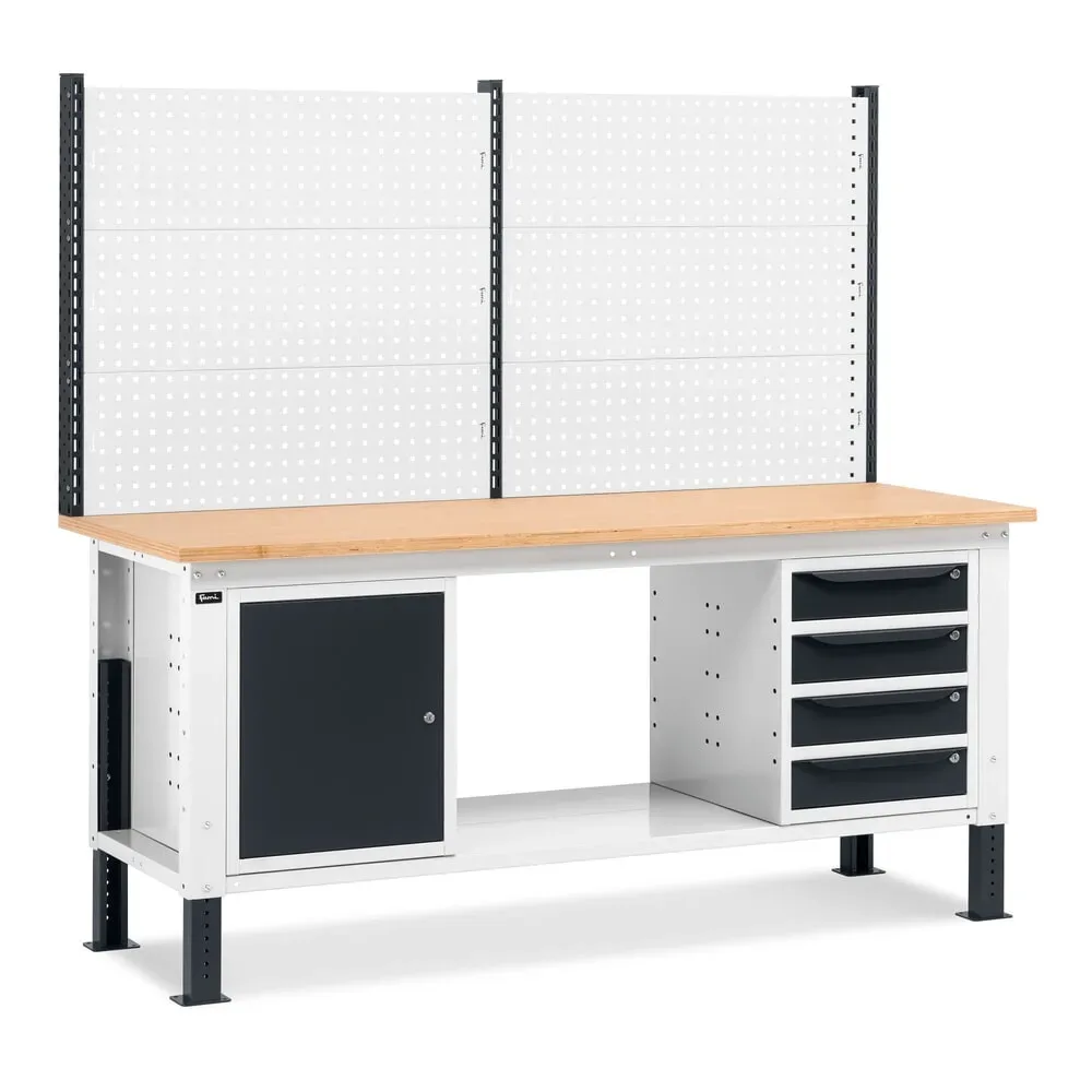 Fami Werkbank, höhenverstellbar, mit Multifunktionswand, 4 Schubladen u. Schrank, TK 1.000 kg, HxBxT 740-1.110 x 2.000 x 750 mm, RAL 7035 lichtgrau / RAL 7016 anthrazitgrau