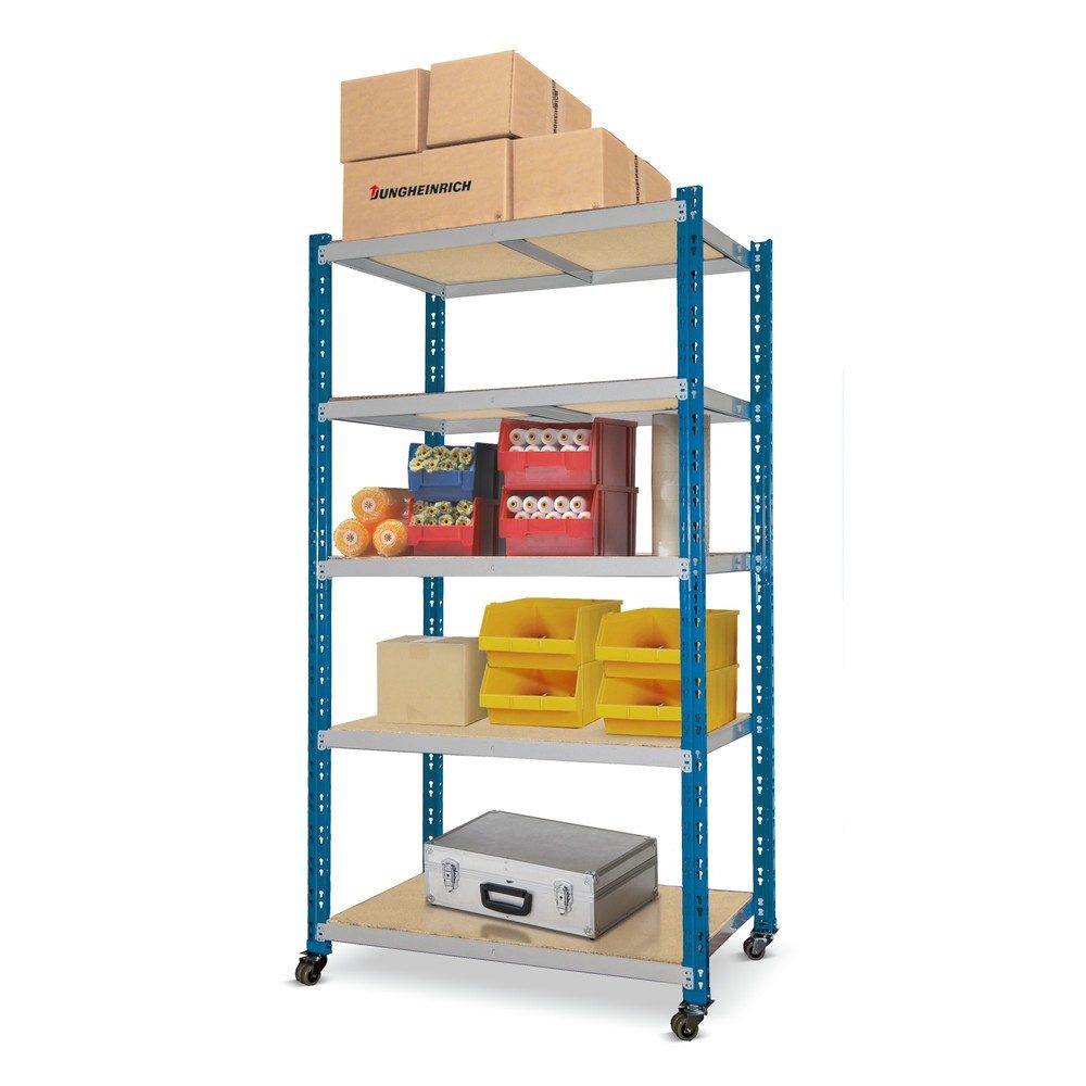 Verfahrbares Fachbodenregal enzianblau mit 5 Spanplattenböden, Fachlast 300 kg, HxBxT 1.800 x 1.000 x 600 mm