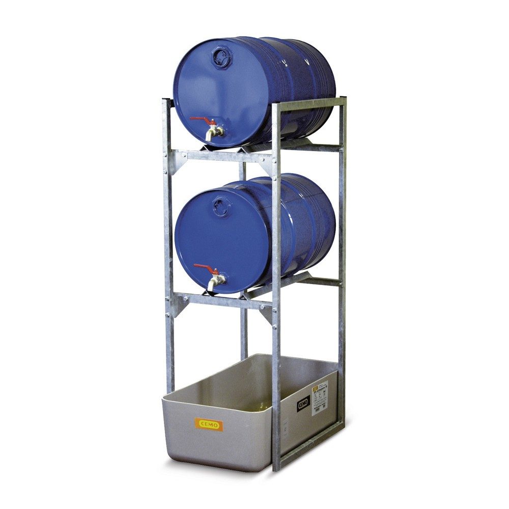 Fassregal Typ 120 Variante 1 CEMO, mit Auffangwanne und Fassauflage, 2 x 60-L-Fässer, L 450 x B 820 x H 1310 mm